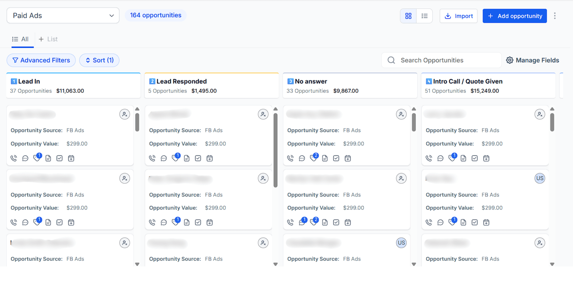 CRM pipeline showing tracked lead stages